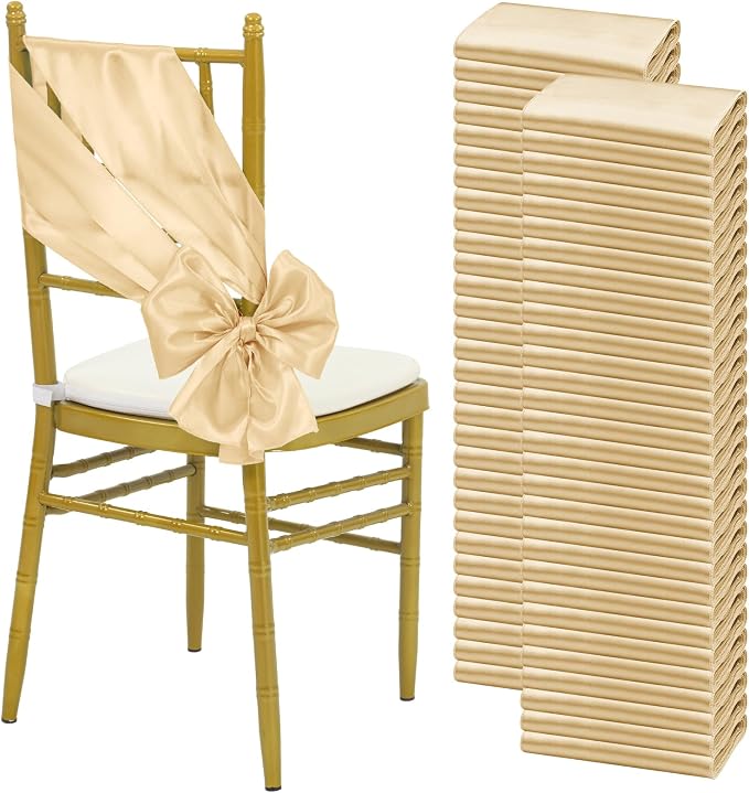 YMHPRIDE 60 PCS Champagne Satin Chair Sashes,Ties Bows Designed Chair Sashes for Wedding Party Baby Shower Banquet Restaurant Hotel Folding Chairs Decoration(Champagne,7x78 inch) by YMHPRIDE