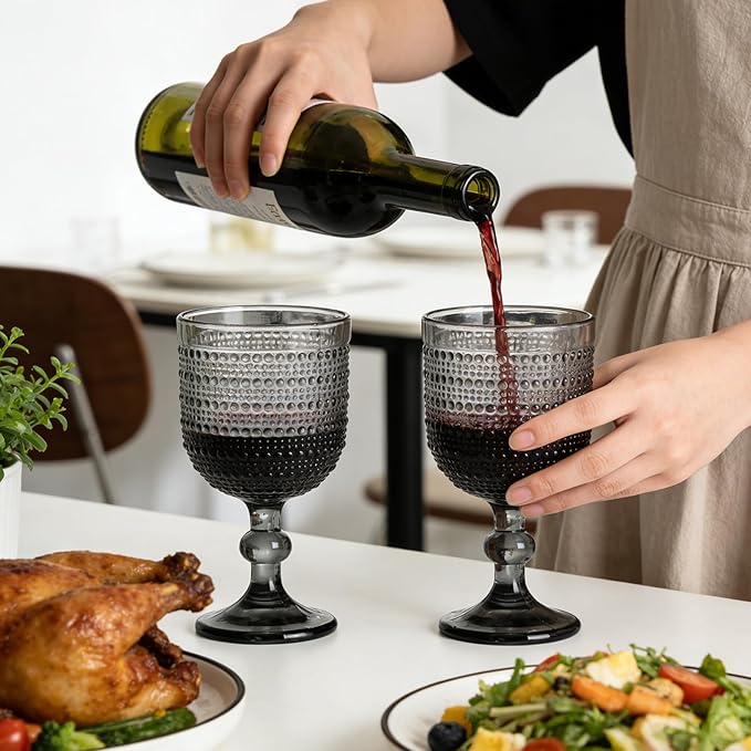 Gray Wine Glasses Set of 4, 12oz Vintage Goblet Glasses, Embossed Glass Cups Hobnail Glassware for Weddings, Dinners, and Holiday Gifting