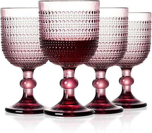 Purple Wine Glasses Set of 4, 12oz Vintage Goblet Glasses, Embossed Glass Cups Hobnail Glassware for Weddings, Dinners, and Holiday Gifting