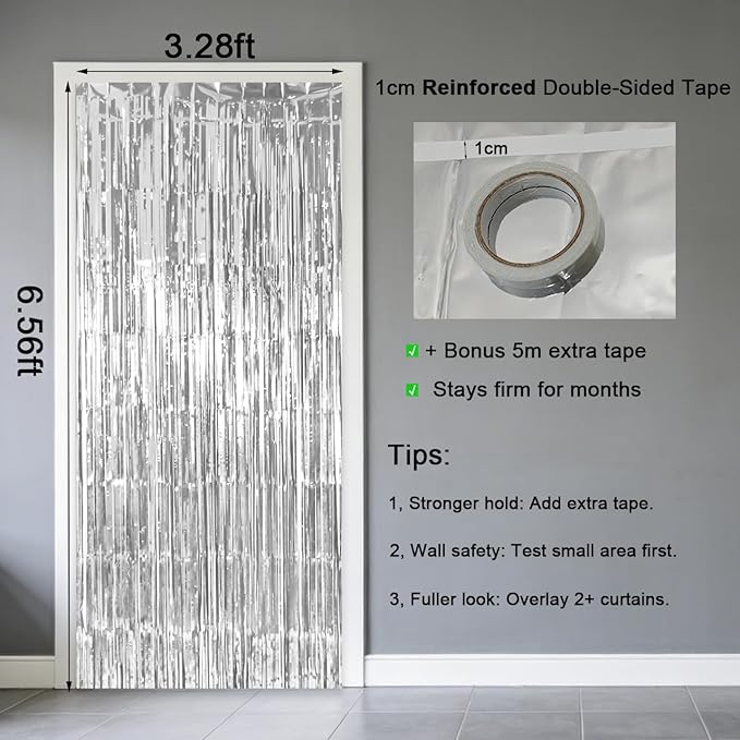 4 Pack Thickened Silver Metallic Foil Fringe Curtains Streamer Rip Resistant Shimmer Tinsel Photo Booth Backdrop for Birthday Wedding Christmas Bachelorette Party Decorations 3.28ft x 6.56ft