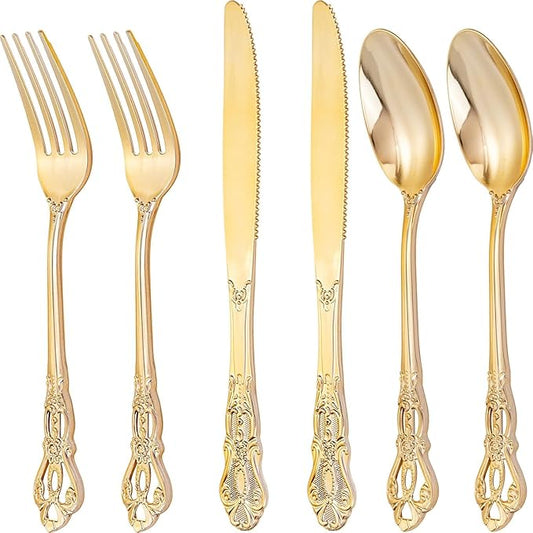300Pieces Gold Plastic Silverware - Heavy Duty Gold Disposable Utensils - Vintage Plastic Cutlery Set Includes 100 Forks, 100 Spoons, 100 Knives for Dinner Parties Weddings