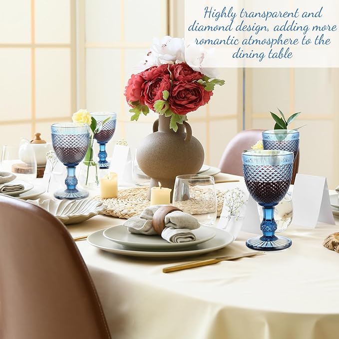 Bokon 12 Pack Blue Glass Goblets Set 10 oz High Clear Wine Glass Vintage Water Goblets Cups Embossed Diamond Design Glassware with Stem for Drinking Juice Liquor Party Wedding Bar