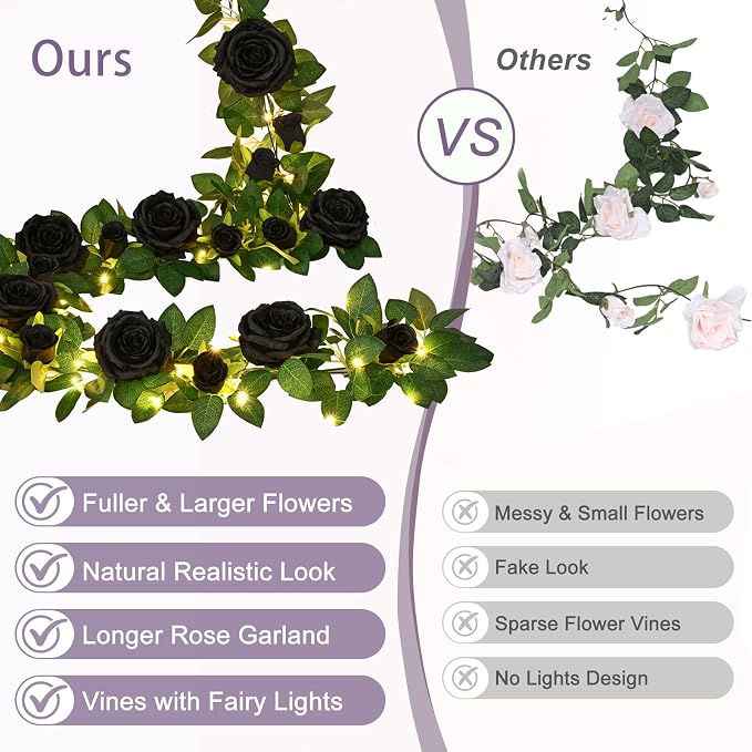 6Pcs Flower Garland with Light, 39.6Ft Realistic Rose Floral Garland, Black | Full Fake Flowers Vines, Vibrant Silk Long Rose Garland for Wedding Party Table Runner Backdrop Home Outdoor Decor - Image 2