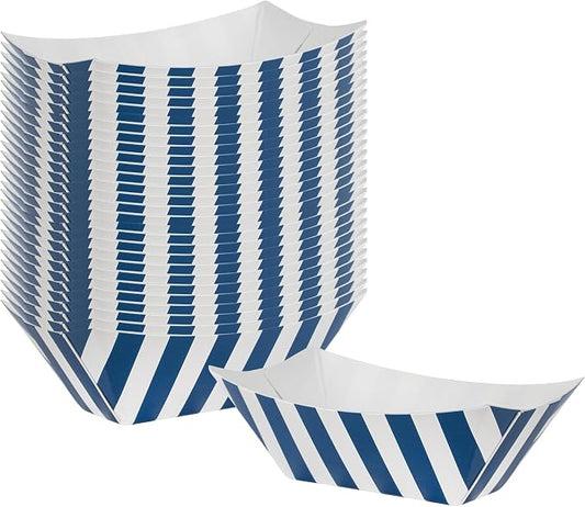 Restaurantware-Bio Tek 2 Ounce Food Boats, 50 Disposable Paper Food Trays - Greaseproof, Stripe Design, Blue and White Paper Food Boats, for Snacks, Appetizers, Or Treats, Use At Party Or Carnival by Restaurantware