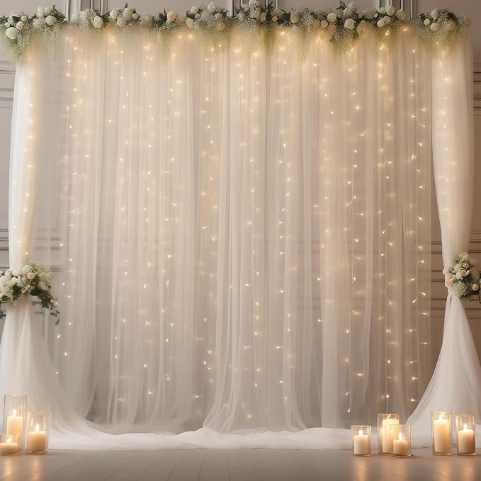 20ft x 10ft White Backdrop Curtain with Lights String for Parties, Sheer Tulle Wedding Photo Backdrops Drapes for Baby Shower Birthday Party Decorations Background for Photography - Image 7