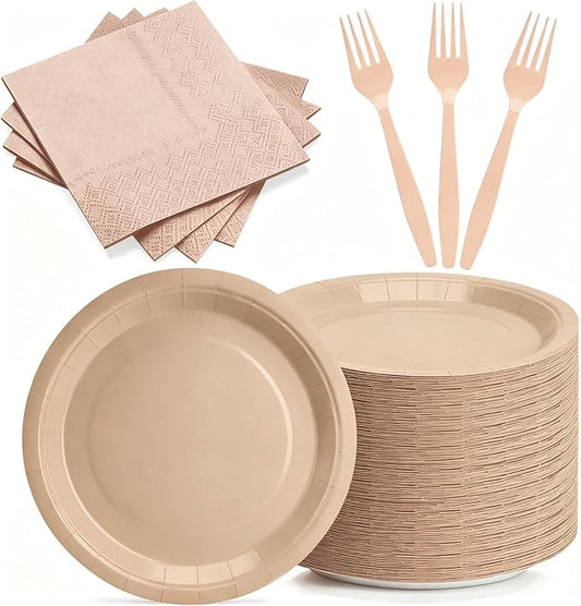 150pcs Brown Party Plates and Napkins Set for Birthday, Baby Shower,Wedding | Disposable 7inch Khaki Paper Dessert Plates Napkins Forks Party Supplies Bridal Shower Party Decorations Serves for 50 by CENLBJ
