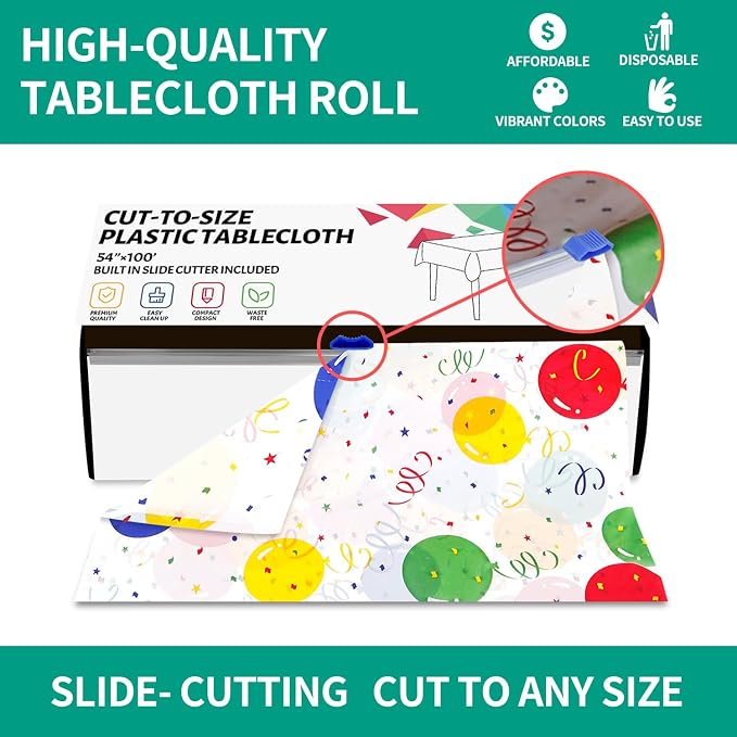 CXPSINC 54 Inch X 100 Feet Plastic Table Cover Roll Disposable Tablecloth with Slide Cutter for All Type/Shape Tables | Party, Banquet, Birthdays, Weddings(Balloon, 100 Feet) - Image 4