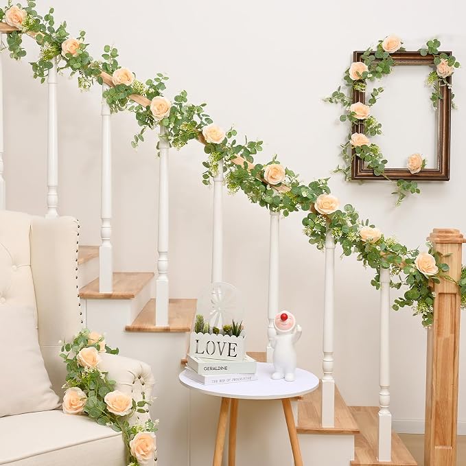 Dolicer 2Pcs 13Ft Artificial Eucalyptus Garlands with Flowers - 8 Roses, Faux Floral Greenery Garlands Fake Flowers Vines for Wedding Table Centerpieces Arch Party Ceremony Backdrop Decor (Champagne) - Image 6