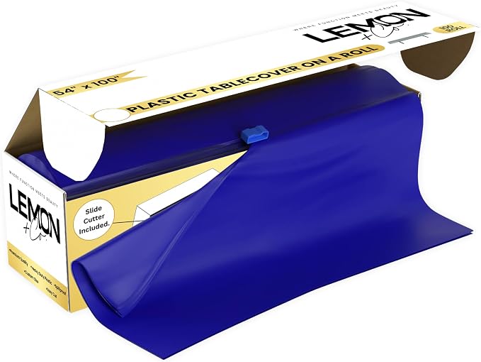 LEMON + Co. Blue Premium Plastic Tablecloth Roll - 54" x100' for Parties with Cutter Box - Cut to Size Rectangle & Round Disposable Tablecloth Plastic Table Cover by LemonCo