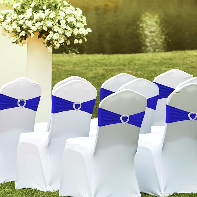 100PCS Spandex Stretch Royal Blue Chair Sashes Bows Universal Elastic Chair Cover Bands Ties with Buckle Slider for Wedding Party Ceremony Reception Event Banquet Decoration(Royal Blue) - Image 6