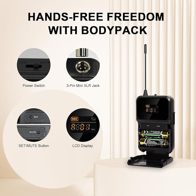 4-Channel Wireless Microphone System,UHF Cordless Mic Set w/ 4x10 Frequencies, 200ft, 2 Handheld Dynamic Mics, 2 Bodypacks & Headset/Lapel Microphones for Singing, Karaoke, DJ (MWM-41-2H2B)