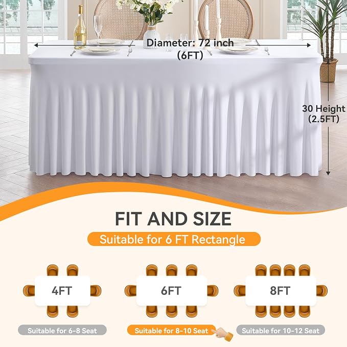 Spandex Tablecloth 6FT Rectangle Table Cover 6 Pack White Wrinkle-Free - Image 6