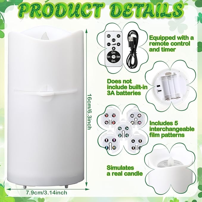 Retisee St. Patrick's Day Flameless Candles Projector Light with Remote and Timer Green Shamrock Battery Operated LED Candles Easter Bunny Night Light 5 Film Slides for Holiday Table Decor