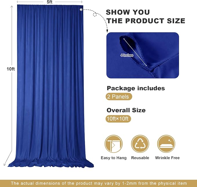 10x10ft Royal Blue Backdrop Curtains for Parties, 2 Panels 5x10ft Wrinkle-Free Polyester Background Curtains for Wedding, Birthday, Baby Shower,Graduation, Decorations - Image 5