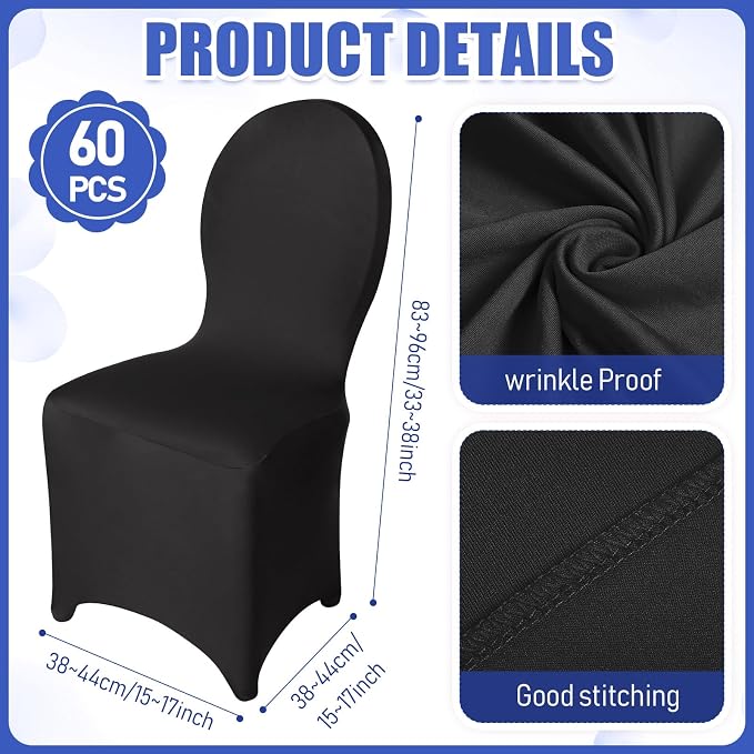 Macarrie 60 Pcs Chair Covers Wedding Seat Slipcovers Polyester Spandex Folding Chair Covers for Wedding, Banquet Party, Celebration Event, Dining Room, Living Room(Black) - Image 3