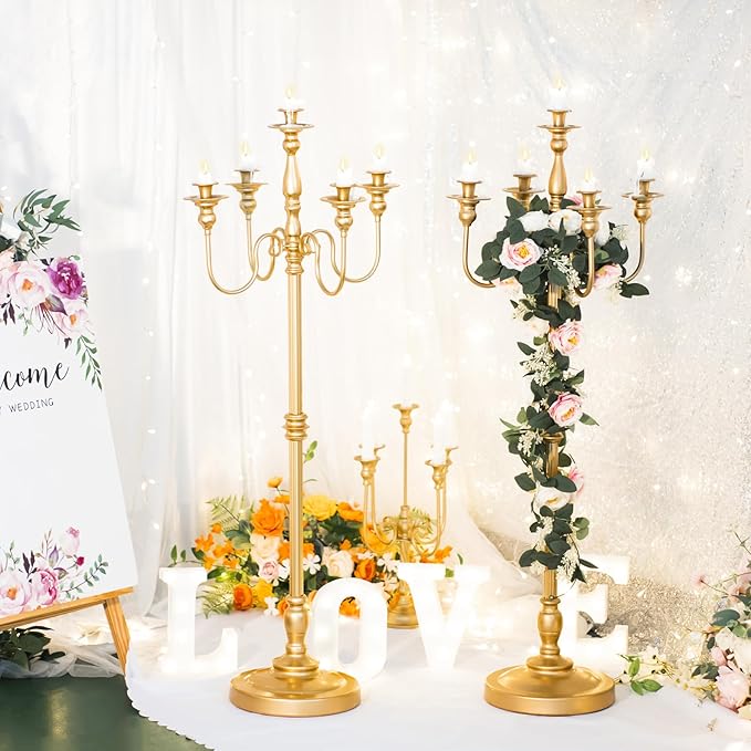 Gold Candelabra for Wedding Event Decor, 50'' Tall Floor Candle Holders, 2 Pcs Metal 5 Arm Centerpiece Decorations for 5 Candlesticks Party Wedding Aisle Home Decor