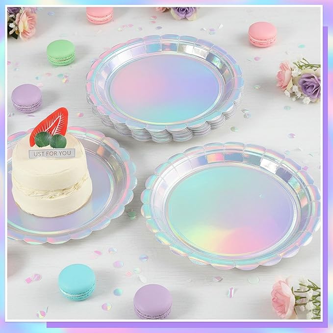 30 Pcs Iridescent Plates Disposable 9 Inch Scalloped Holographic Plates Sliver Birthday Cake Dessert Plate for Mermaid, Disco, Unicorn Birthday