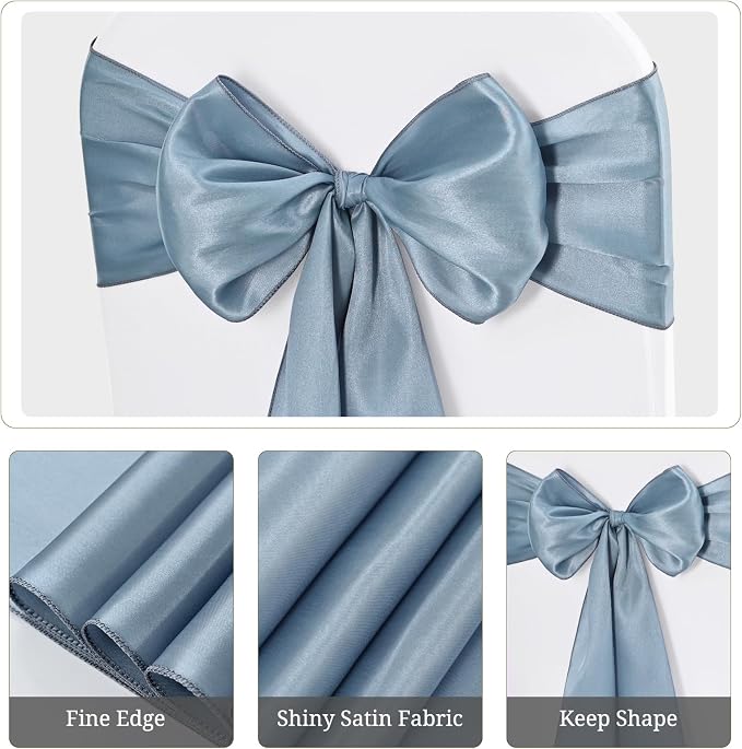 Pesonlook 50 Pcs Dusty Blue Satin Chair Sashes Ties, 7×108inch | Satin Chair Sashes Bows Chair Cover Back Tie Supplies for Wedding Reception Events Banquets Party, Hotel Event, Chairs Decor - Image 3