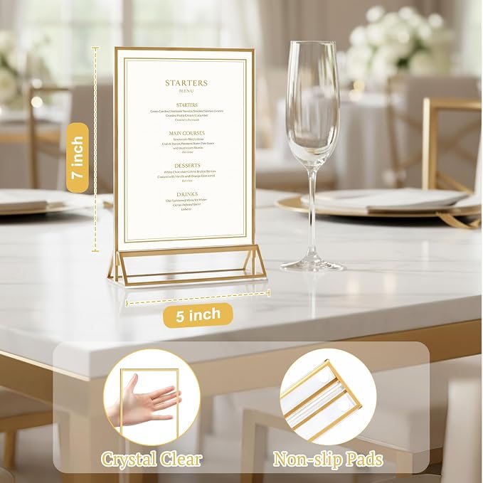 EHWINE 12 Pack 5x7 Gold Acrylic Sign Holders, Double-Sided Tabletop Stand | Clear Double-Sided Acrylic Display with Gold Border and Non-Slip Mats for Menus, Flyers, Photos, Weddings and Events - Image 6