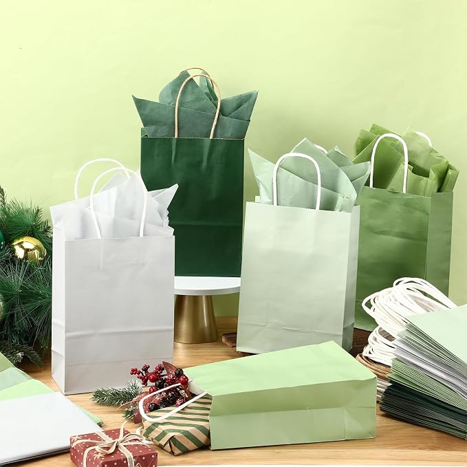 Kolldenn 50 Sets 100 Pcs Wedding Green Gift Bags Bulk with Tissue Paper Sage Green Paper Gift Bags with Handles for Wedding Guests Birthday Baby Shower Holiday Party, 8.27 x 5.91 x 3.15 - Image 4