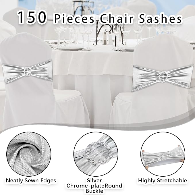 CHENGU 150 Pcs Silver Chair Sashes with Buckle, Stretch Bands - Image 3