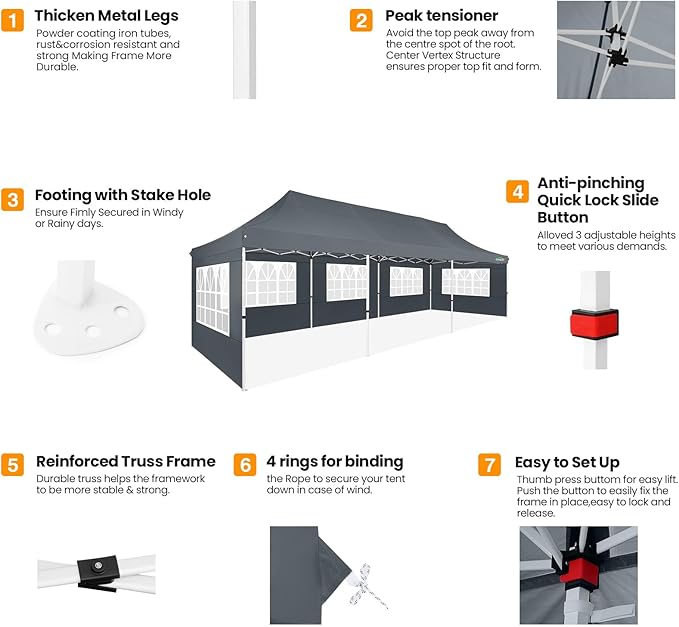 COBIZI 10x30 Pop up Canopy with Roller Bag & 8 Removable Sidewalls, Canopy Tent for Parties, Wedding, and Commercials, Waterproof and Instant Shelter UV50+ Outdoor Gazebo with 4 Sandbags(Gray)