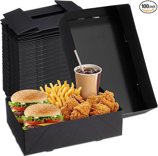 Chinco 100 Pieces Paperboard Kraft Food Trays 4 Corner Pop up Food Tray Disposable Foldable Cardboard Movie Night Snack Party Container Box for Holding Drink at Stadiums or Theaters (Black) by Chinco