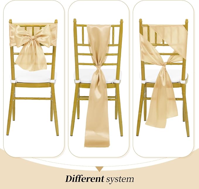 YMHPRIDE 60 PCS Champagne Satin Chair Sashes,Ties Bows Designed Chair Sashes for Wedding Party Baby Shower Banquet Restaurant Hotel Folding Chairs Decoration(Champagne,7x78 inch) - Image 4