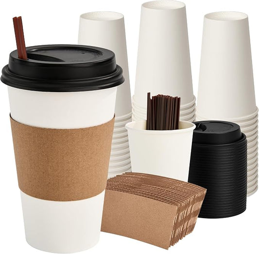 RACETOP 16 oz Paper Coffee Cups with Lids, Sleeves and Stirrers, 100 Pack | 16 oz 100 Pack Disposable Paper Coffee Cups with Lids, Sleeves and Stirrers, Hot Cups, Ideal for Home/Office by RACETOP