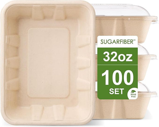 32 oz Compostable Disposable Paper Food Trays with Lids Natural, 100 SET | Heavy-Duty, Biodegradable, Serving, Bagasse, Microwave Safe, Eco-Friendly, Sugarcane, Plant Fibers,Sugarfiber,Crawfish Boil by HarvestPackGOURMETSHOWCASE