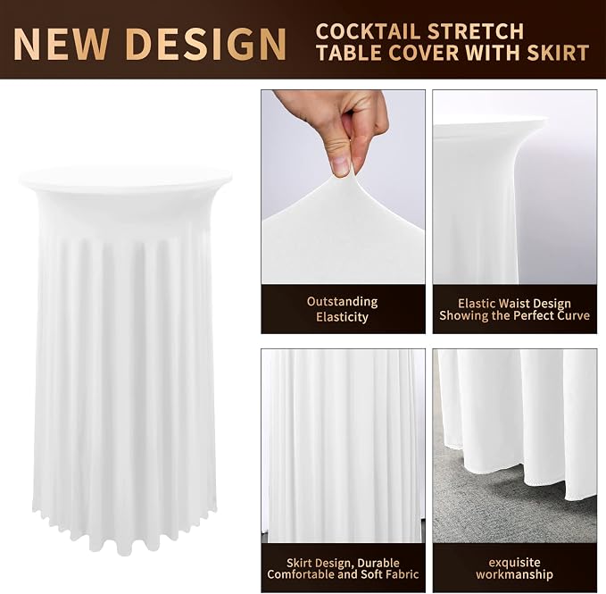 6 Packs Cocktail Table Covers White Cocktail Table Cloth 32"x 43" Spandex Stretch Small Round Tablecloth for 32in Table with Wavy Drapes Fitted High Top Table Cloth for Party Wedding Banquet Bar Table - Image 3