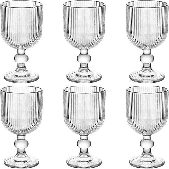 Vintage Glassware Water Goblets Drinking Clear Wine Glasses set of 6 Embossed Drinkware Stemware 13 oz for Wedding Party Bar Christmas
