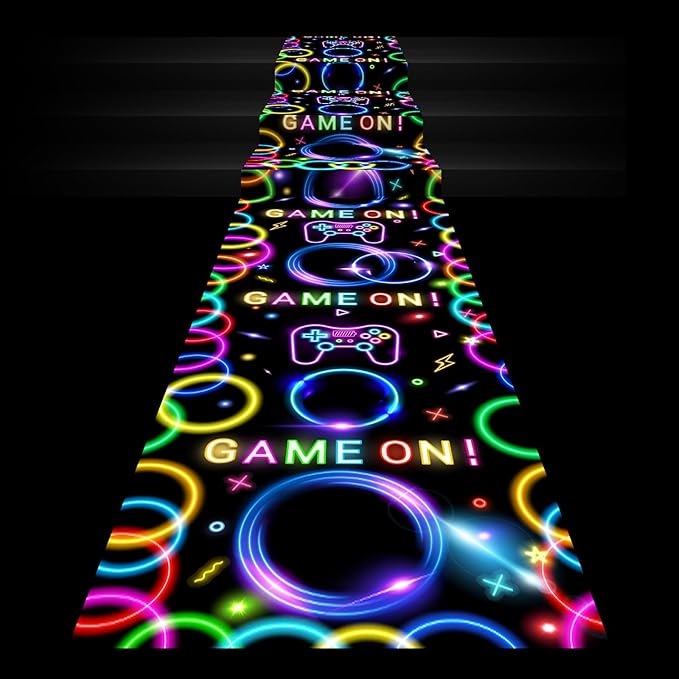 Haull 118 x 39 Inch Glow in The Dark Runner Neon Light up Dance Floor Black Light Party Decor 80s 90s Disco Party Supplies Neon Table Cloths Tapestry UV Rug Backdrop Props(Game on)