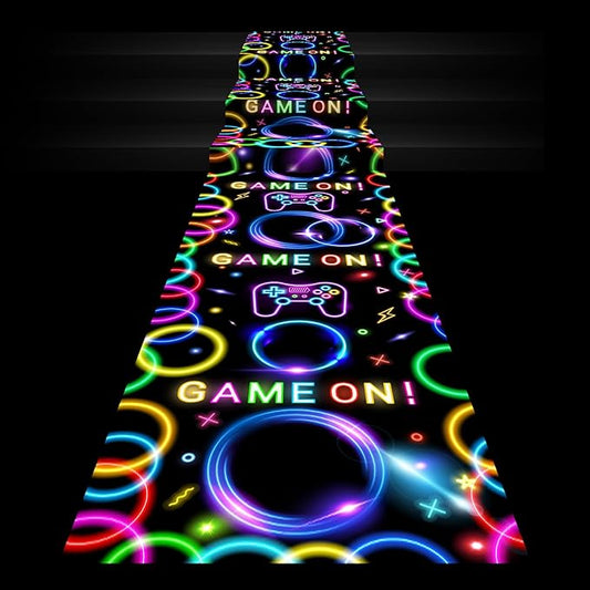 Haull 118 x 39 Inch Glow in The Dark Runner Neon Light up Dance Floor Black Light Party Decor 80s 90s Disco Party Supplies Neon Table Cloths Tapestry UV Rug Backdrop Props(Game on)