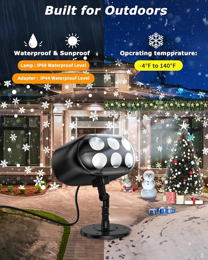 Snowflake Projector Lights with Remote, Timer, Dimmer, IP68 Waterproof, Christmas Projector Lights Outdoor, 270° Rotation for Christmas Decorations