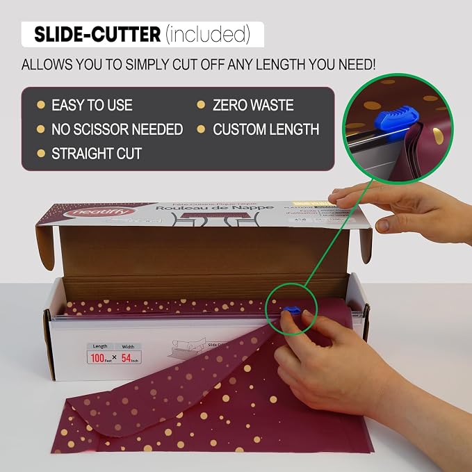 Neatiffy Disposable Plastic Table Cloth Roll with Slide Cutter | Waterproof Cover for Rectangle, Square, Oval Tables | Picnic, Party, Banquet, Birthdays, Weddings - Burgundy Gold Dots - Image 2