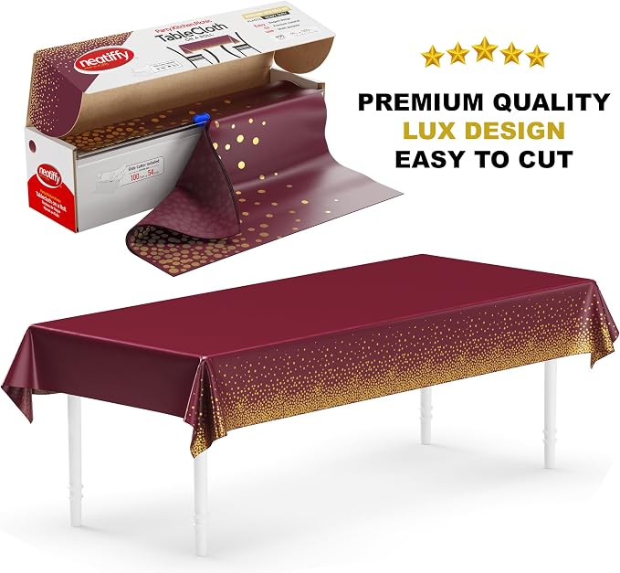Neatiffy Disposable Plastic Table Cloth Roll with Slide Cutter | Waterproof Cover for Rectangle, Square, Oval Tables | Picnic, Party, Banquet, Birthdays, Weddings - Burgundy Gold Dots - Image 4