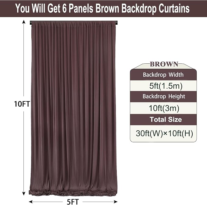 30ft×10ft Wrinkle Free Brown Backdrop Curtain for Parties, 6 Panels 5×10ft Soft Silky Polyester Umber Photo Backdrop Drapes for Teddy Bear Bee Birthday Party Baby Party Wedding Photography - Image 3