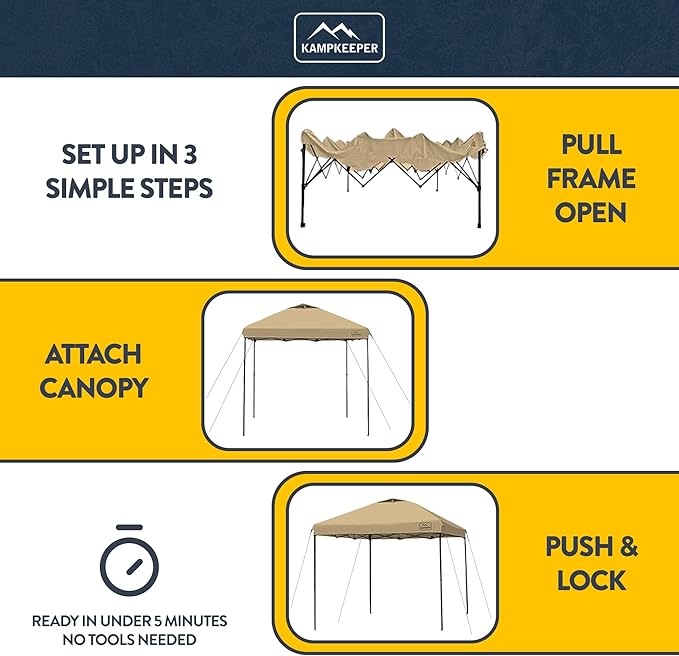 KAMPKEEPER 10x10 Pop-Up Canopy Tent, Waterproof, Portable Shade with Side Walls, Adjustable Instant Outdoor Shelter for Camping, Backyard, and Events, Khaki