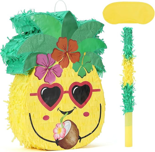 Pineapple Pinatas Bundle with a Blindfold and Bat (15.4x13x4 Inches), Perfect for Summer Beach Theme Birthday Party Supplies, Hawaiian Tropical Fruit Party Decoration Games