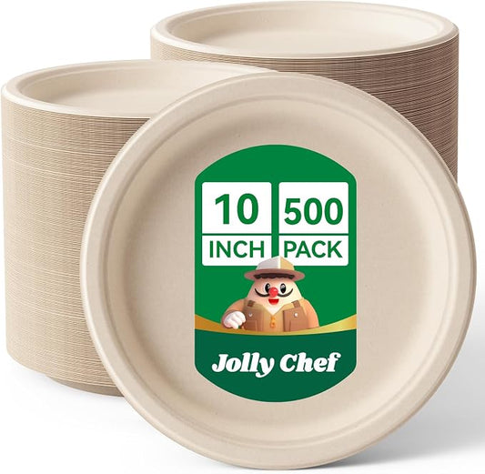 JOLLY CHEF Compostable Heavy Duty Plates   [ ] Eco-Friendly Disposable Paper Plates Natural Bagasse Biodegradable Sugarcane Bulk for Party Hot Cold Dinner Christmas (Brown) by JOLLYCHEF
