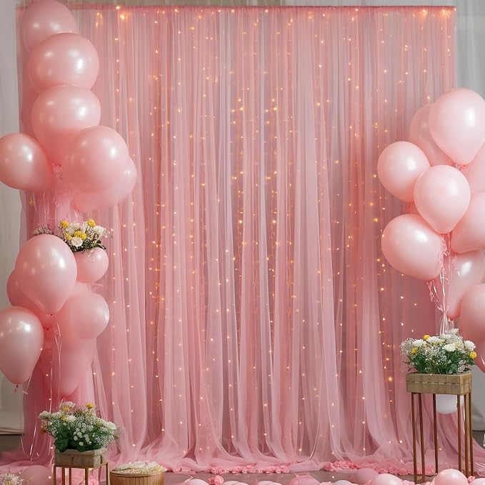 10ft x 8ft Dusty Rose Backdrop Curtain with Lights String for Parties, Sheer Tulle Wedding Photo Backdrops Drapes for Baby Shower Birthday Party Decorations Background for Photography by Shillance