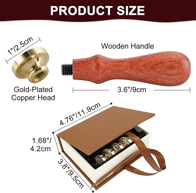 Yoption Wax Seal Stamp Gift Box Set, 6 Pieces Wiccan Copper Sealing Wax Stamp Heads + 1 Wooden Hilt for Invitations Letter Cards Envelopes Witchcraft