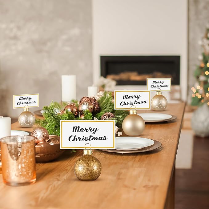 Civaner 24 Pcs Christmas Ornament Place Card Holders and Name Cards Set | Gold Glass Ball Table Number Stand, Sign Holder for Xmas Winter Wedding Anniversary Birthday Party, 1.6 Inch - Image 3
