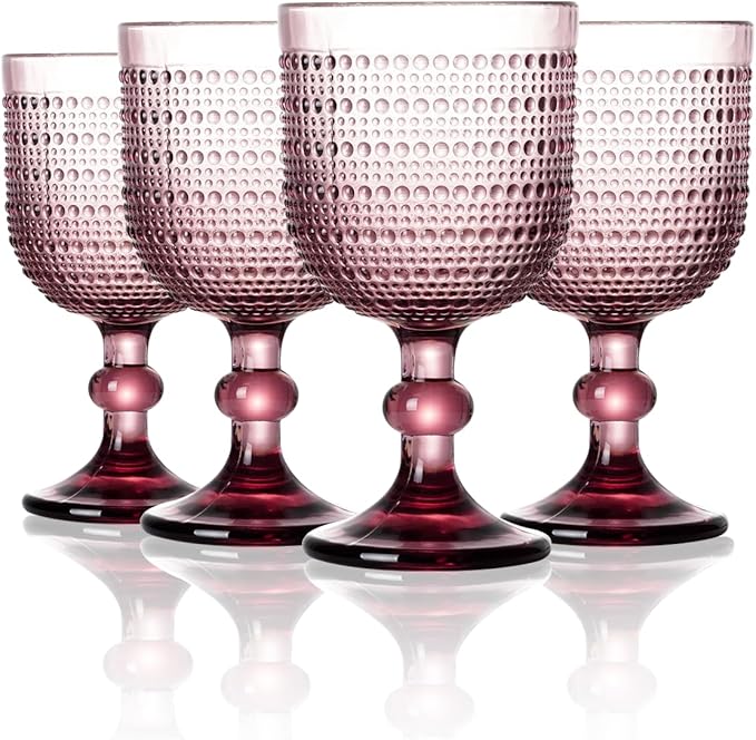 12 oz Purple Vintage Wine Glasses,Hobnail Drinking Glasses Set of 4,Embossed Goblet Glasses for Wedding,Party, Dinner,Bar