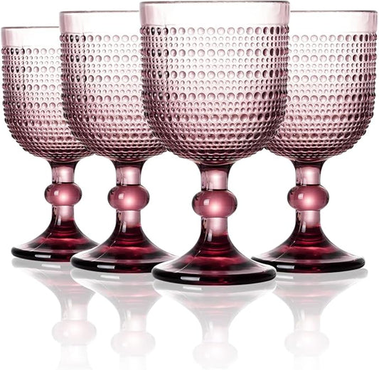 12 oz Purple Vintage Wine Glasses,Hobnail Drinking Glasses Set of 4,Embossed Goblet Glasses for Wedding,Party, Dinner,Bar