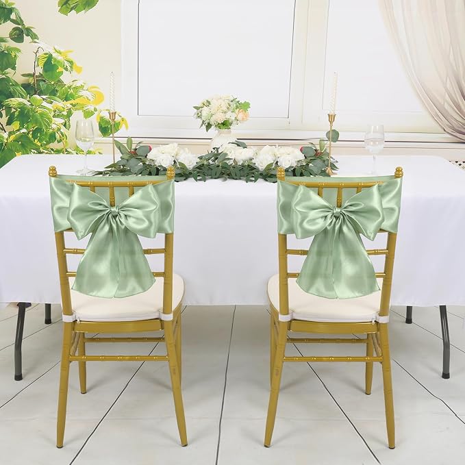 YMHPRIDE 60 PCS Sage Green Satin Chair Sashes,Ties Bows Designed Chair Sashes for Wedding Party Baby Shower Banquet Restaurant Hotel Folding Chairs Decoration(Sage Green,7x78 inch) - Image 2