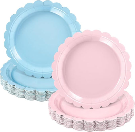 30 Pcs Gender Reveal Plates 9 Inch Disposable Scalloped Pink and Blue Plates Cute Dessert Cake Dinner Plate for Baby Shower, 1st Birthday