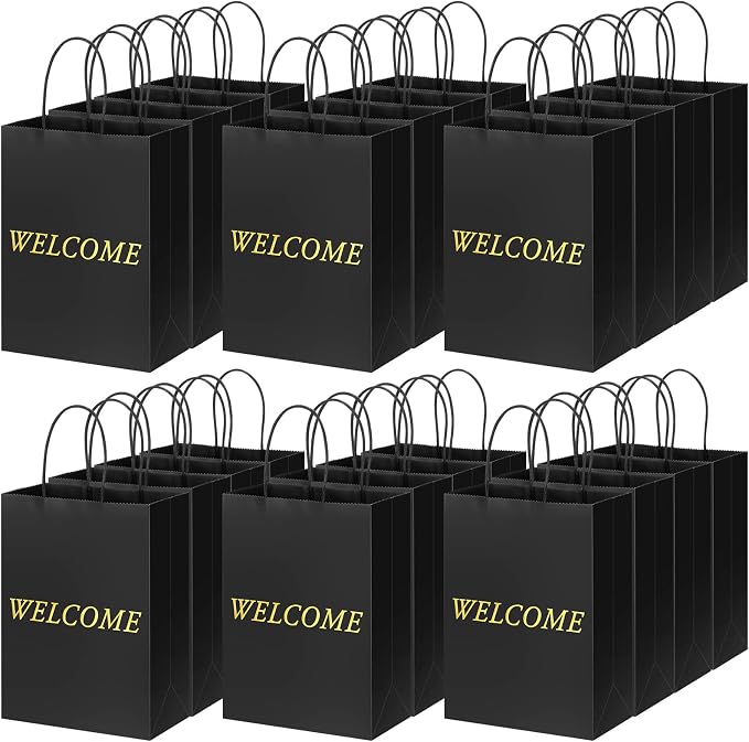 Jexine 100 Pcs Black Welcome Gift Bags 8 x 4 x 10 Inches Welcome Bags Bulk | Durable Kraft Paper Bags with Handles, for Wedding, Hotel Guests, Church Visitor, Retail Shopping, Party Favor Gift Packaging by Jexine
