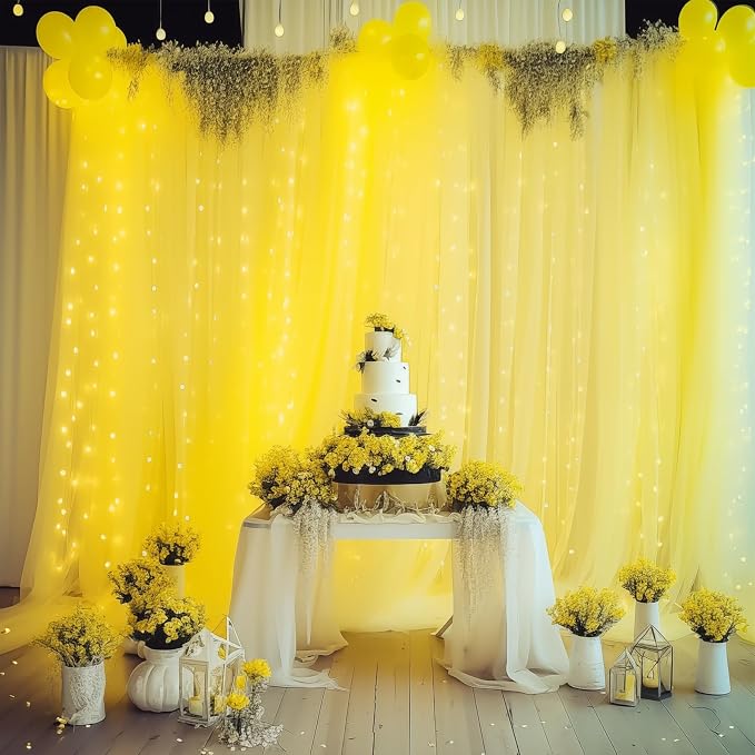 10ft x 10ft Yellow Backdrop Curtain with Lights String for Parties, Sheer Tulle Wedding Photo Backdrops Drapes for Baby Shower Birthday Party Decorations Background for Photography - Image 2